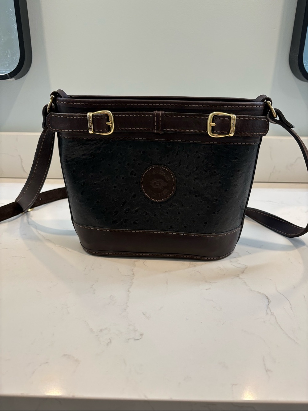 Darc Cuir Classic Dark Brown Leather Crossbody Bag with Ostrich-Texture Panel